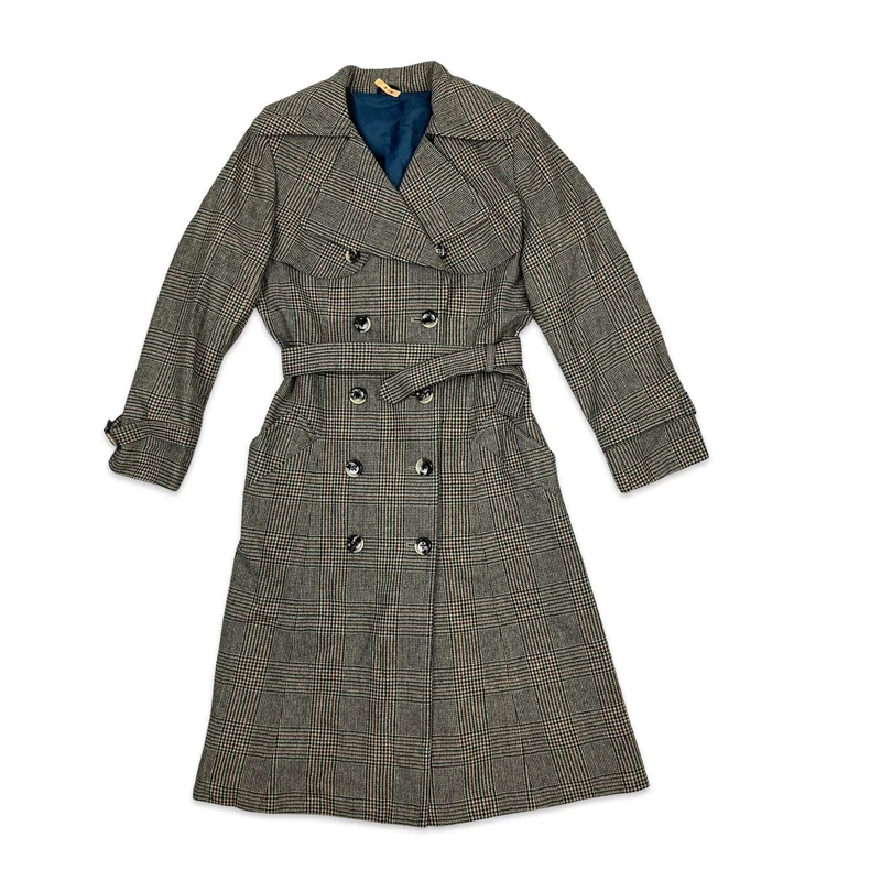 Vintage Womens Wool Trench Coat Brown Orange Blue Dogtooth Check 8