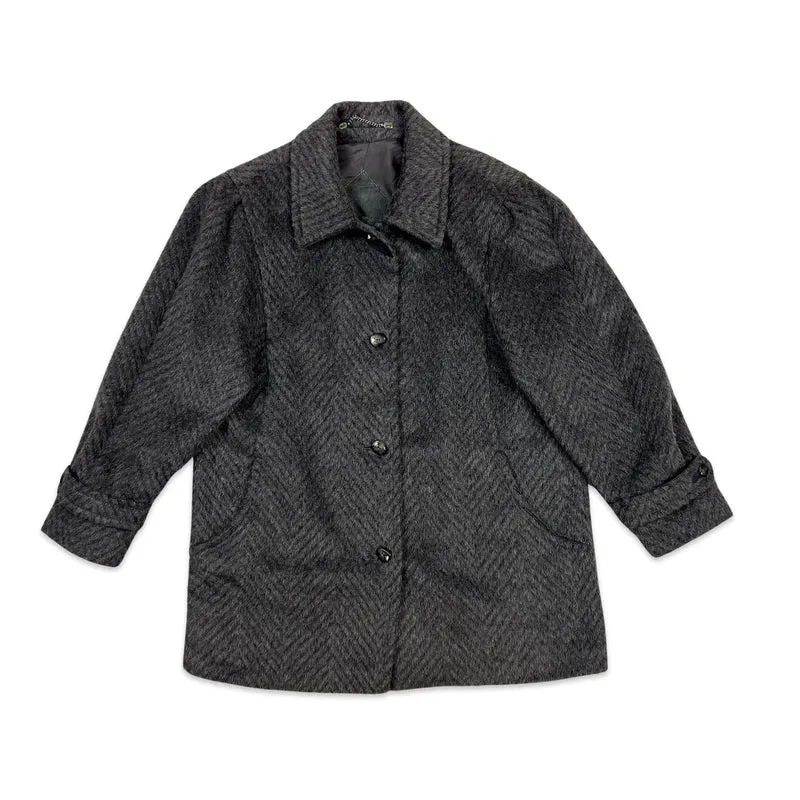 Vintage 80s Womens Wool Midi Coat Charcoal Grey Herringbone 16