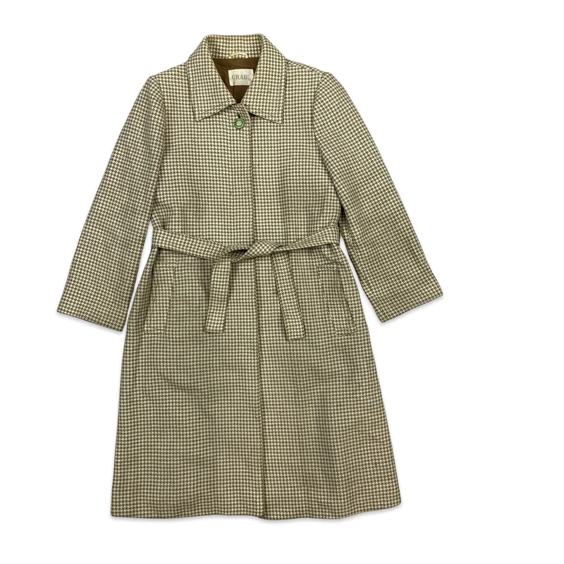 Vintage Womens Midi Wool Coat Dogtooth Check Brown Cream S 8-10