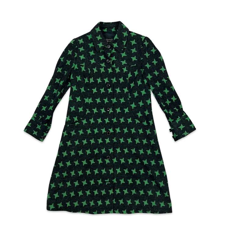 Patterned Midi Wool Coat Geometric Star Pattern Charcoal Green Stars 8
