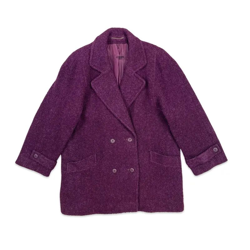 Vintage 80s Short Wool Coat Double Breasted Purple Blazer Jacket L 16