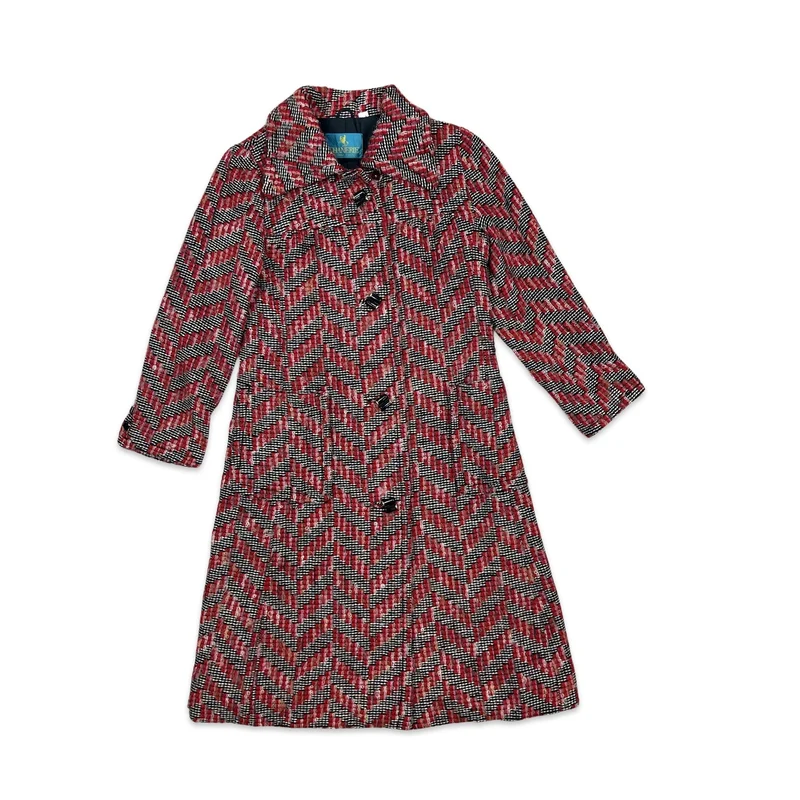 Vintage Midi Wool Coat Black White Red Pink Chevron S 8