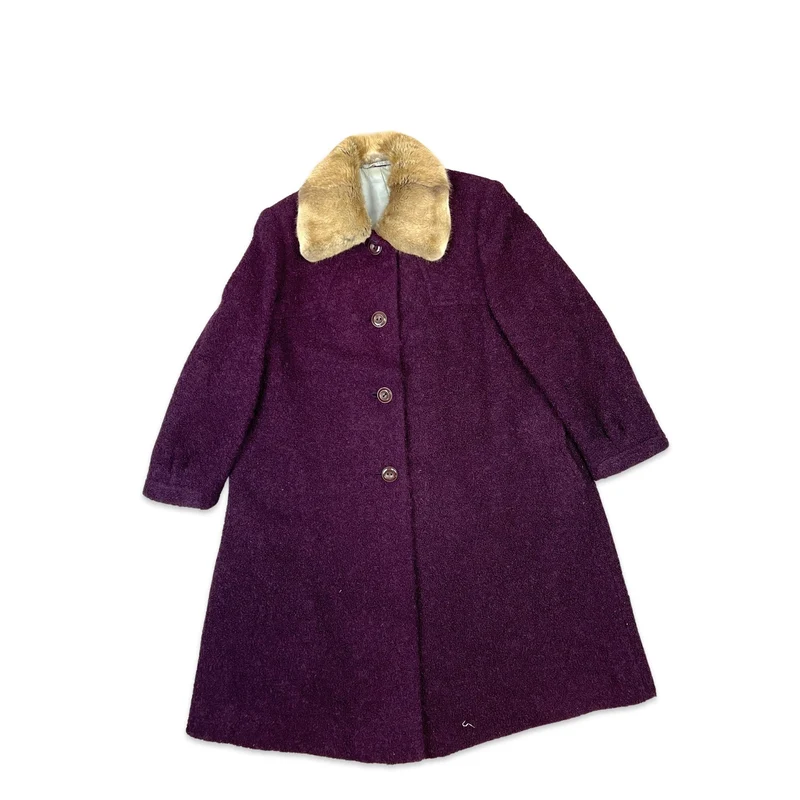 Vintage Womens 70s Purple Bouclé Wool Coat Faux Fur 16-18