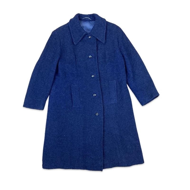Vintage 80s Womens Royal Navy Blue Wool Midi Coat M 12