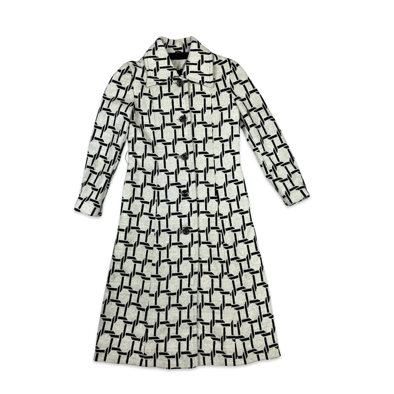 Vintage 90s Wool Midi Coat Geometric Print Cream & Black 8