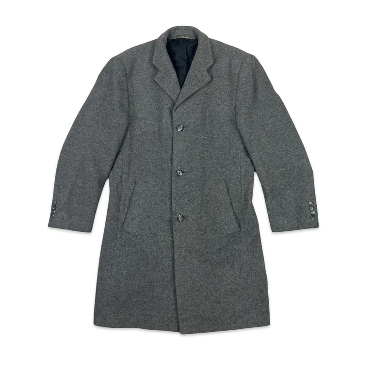 Vintage 80s Hugo Boss Mens Wool Tweed Midi Coat Grey S-M