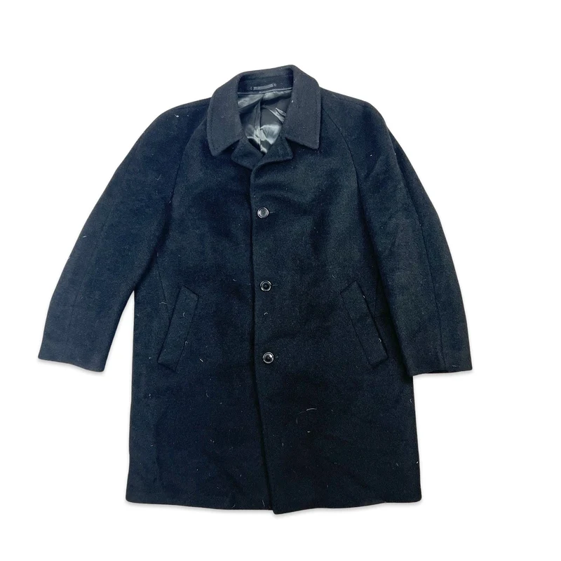 Vintage 80s Mens Black Camel Wool Midi Coat Overcoat XL
