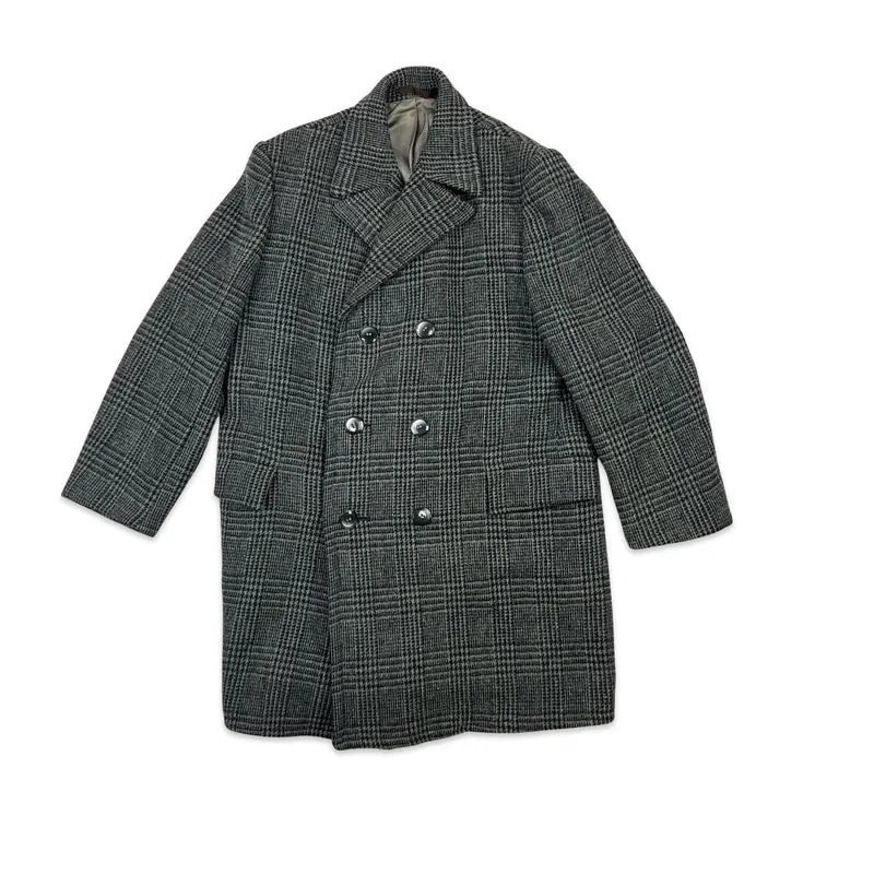Vintage 60s Mens Grey Checked Double Breasted Wool Tweed Coat Large