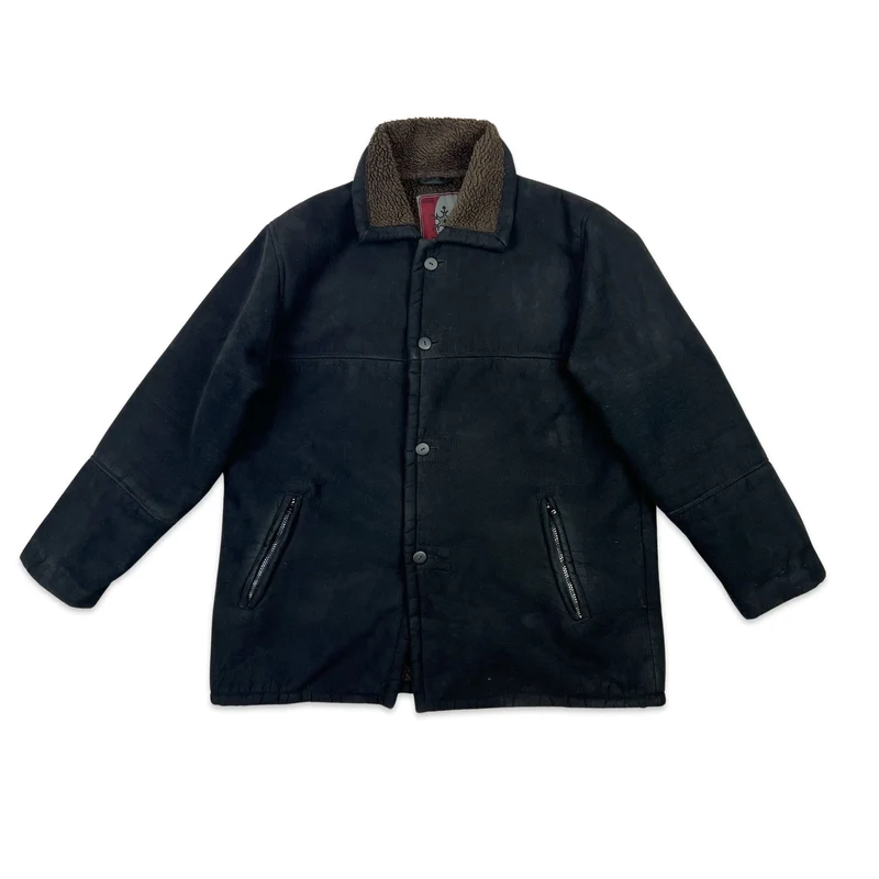 Vintage 90s Mens Shearling Faux Suede Coat Black Brown XL