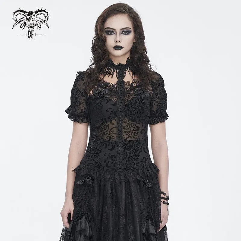 Gothic puffärmad flockande mesh skir skjorta för kvinnor