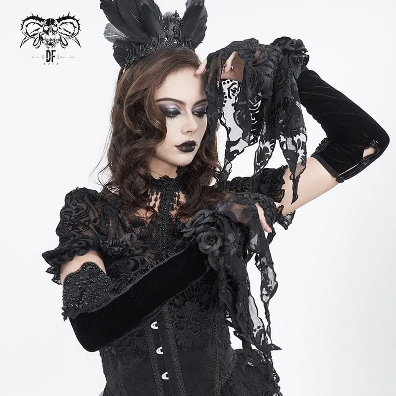 Gothic Floral Beaded Velvet Handskar för kvinnor