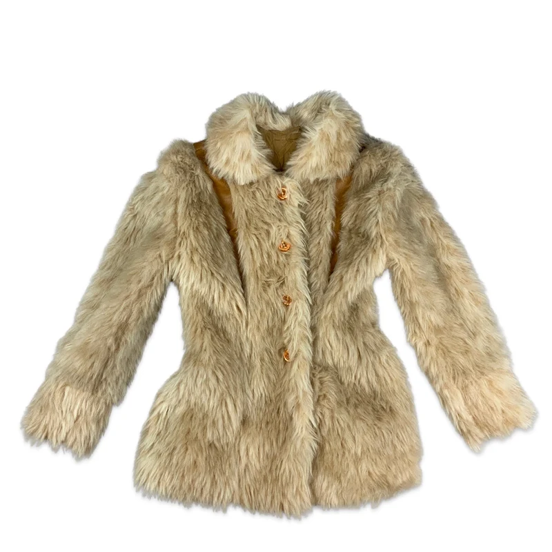 Vintage Cream Faux Fur Coat Orange Leather 6 8