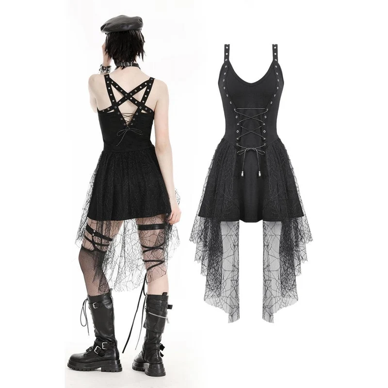 Gothic Plunging Spider Mesh Splice Witch Slip Dress för kvinnor