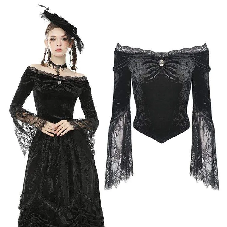 Dam Goth Off Shoulder Blommig spetsärm Velet Toppar