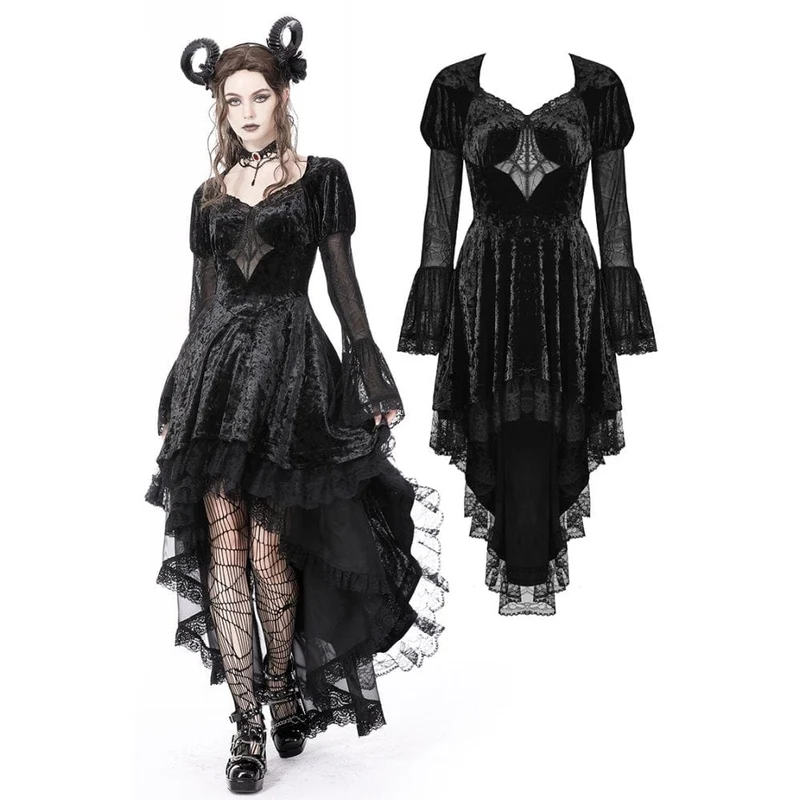 Gothic Irregular Lace Layered Velvet Dress för kvinnor