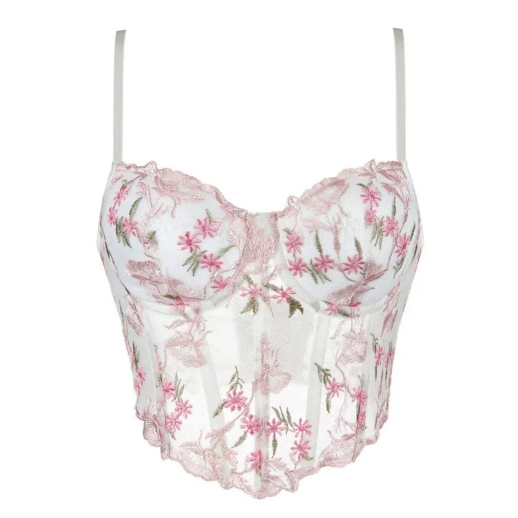 Vintage blommig broderad Mesh Overbust Korsett för kvinnor
