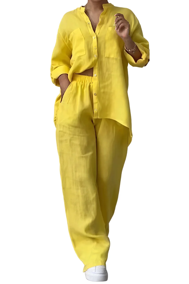 Tvådelat Set Dam med Oversized Skjorta och Vida Byxor