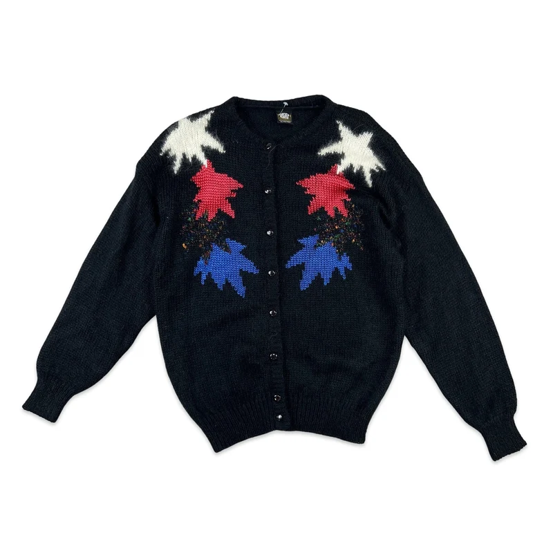 Vintage Mohair Cardigan Star Pattern Black Red White Blue 16 18 20