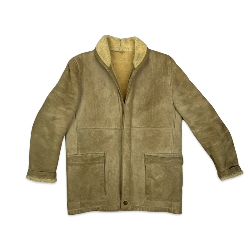 Vintage 80s Womens Cream Sheepskin Shearling Coat M 12 14