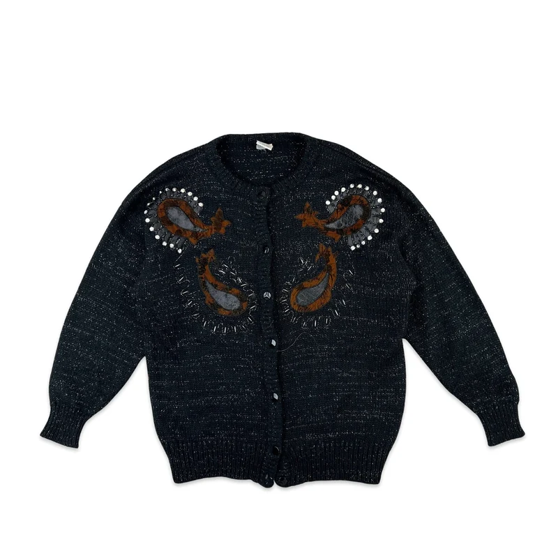Vintage Mohair Cardigan Black Brown Embroidered Paisley 16 18