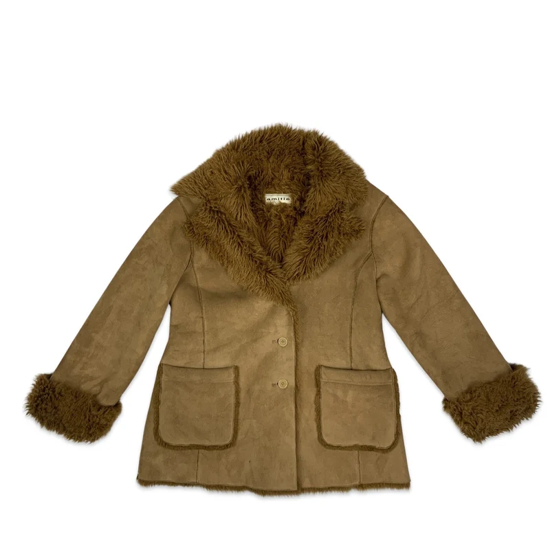 Vintage 90s Amitie Tan Shearling Coat with Faux Fur Collar 14 16