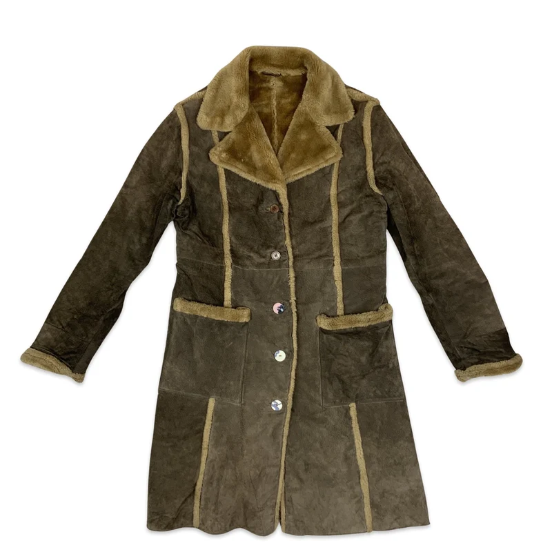 Vintage Brown Shearling Midi Coat with Faux Fur Trim 16 18