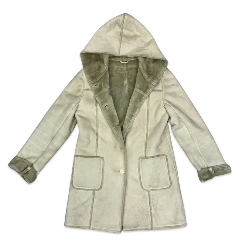 Vintage 90s Cream Hooded faux Shearling Coat Suede Jacket 14 16