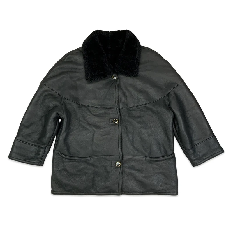 Vintage 80s Black Shearling Coat Sheepskin Jacket Suede 2XL