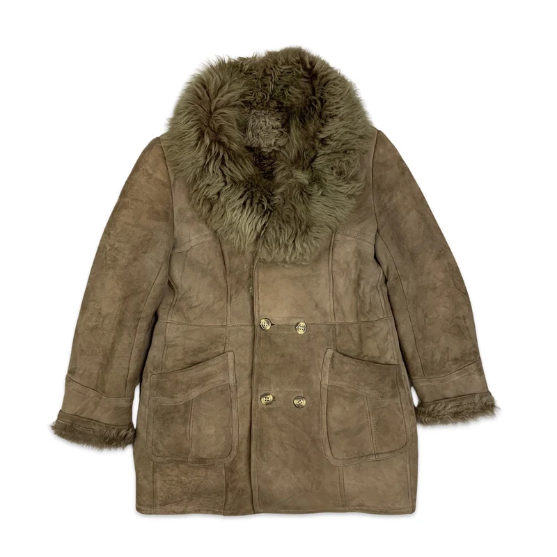 Vintage Y2K Double Breasted Light Brown Shearling Sheepskin Coat 16 18