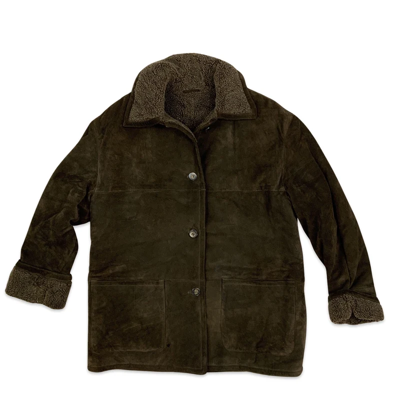 Vintage Womens Brown Suede Shearling Sheepskin Suede Coat Jacket 16-18
