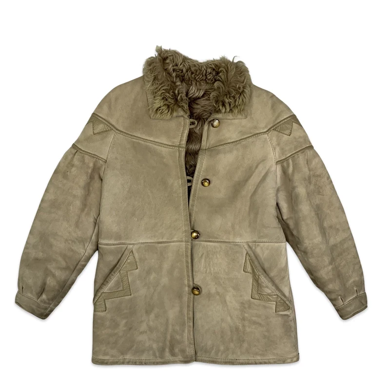 Vintage 80s Light Brown Tan Shearling Sheepskin Coat 10