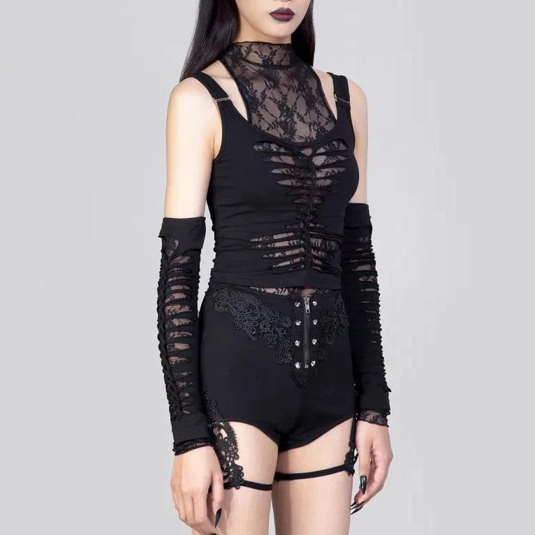 Gothic Rippes Mesh Splice Linne för kvinnor med överärmar