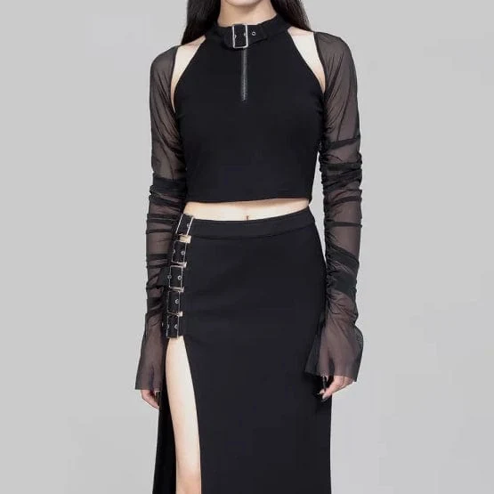 Punk Cutout Mesh Splice Crop Top för kvinnor