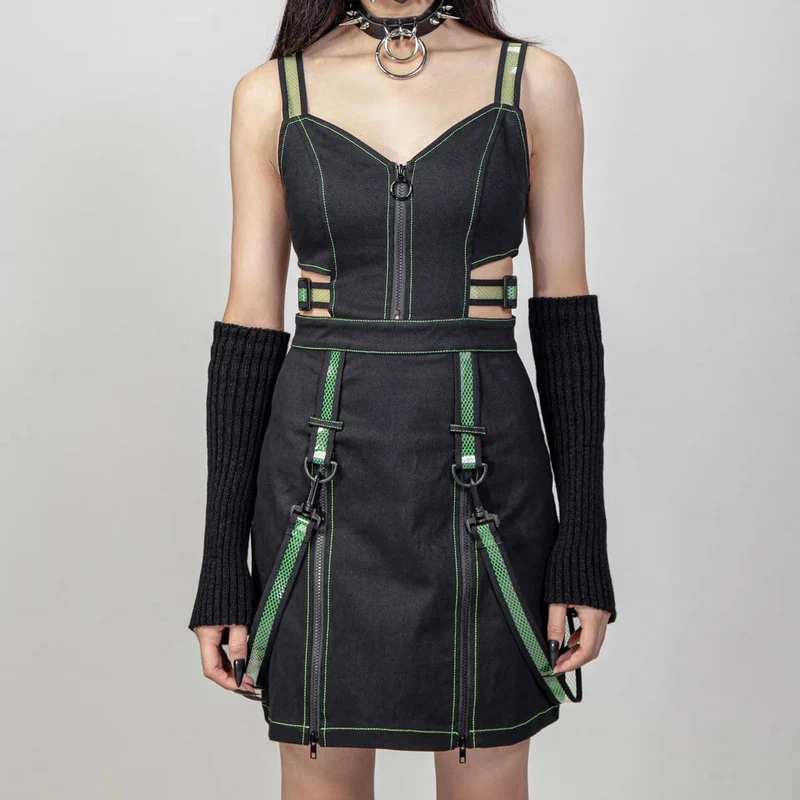 Kvinnors Punk Cutout Straps Dragkedja Slip Dress Grön
