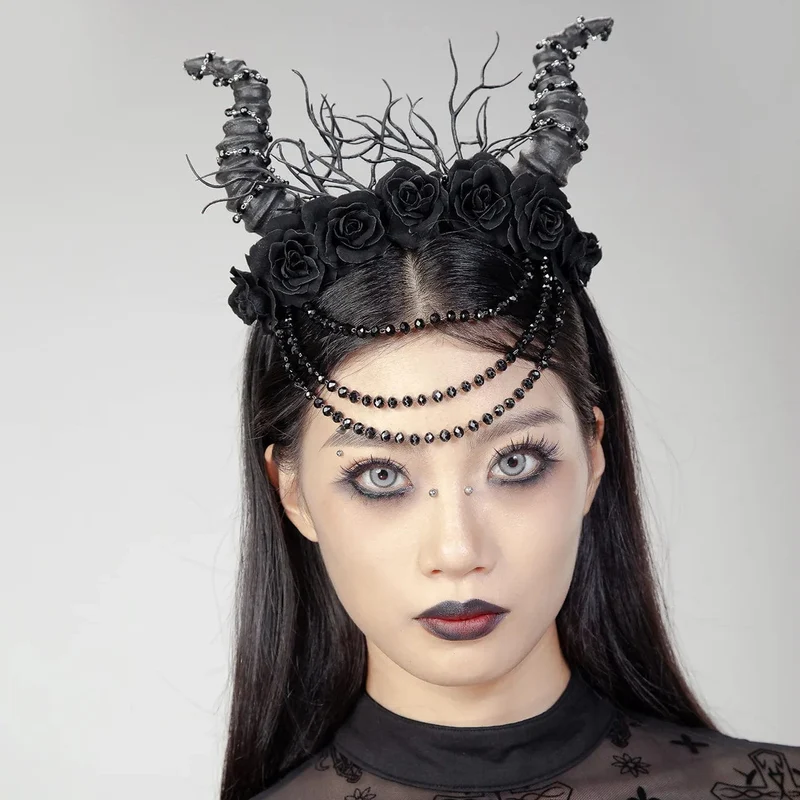 Gothic Horned Beaded Rose Headwear för kvinnor