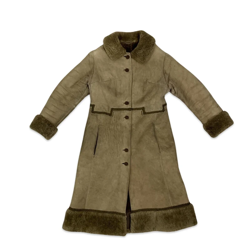 Vintage 70s Light Brown Sheepskin Embroidered Shearling Midi Coat S 10 12