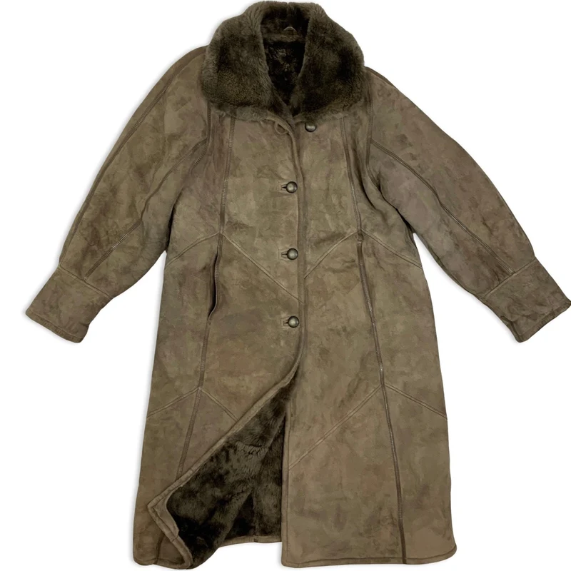 Vintage 70s 80s Womens Brown Shearling Midi Coat Sheepskin L 16