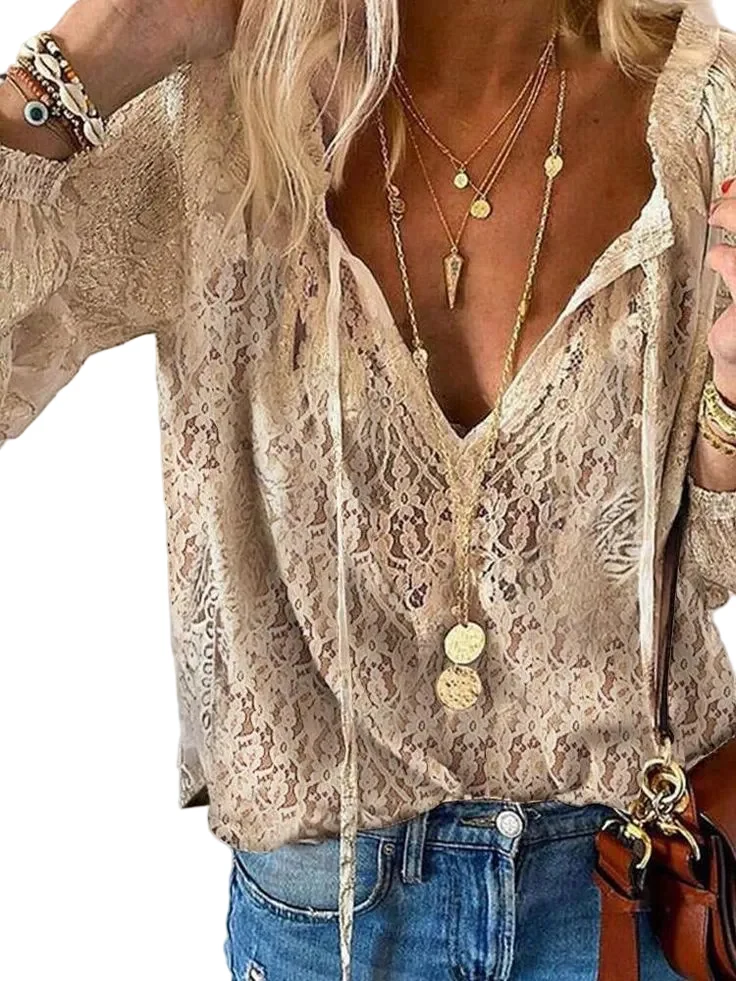 Kvinnors Boho Blus med Utskuren Halsringning