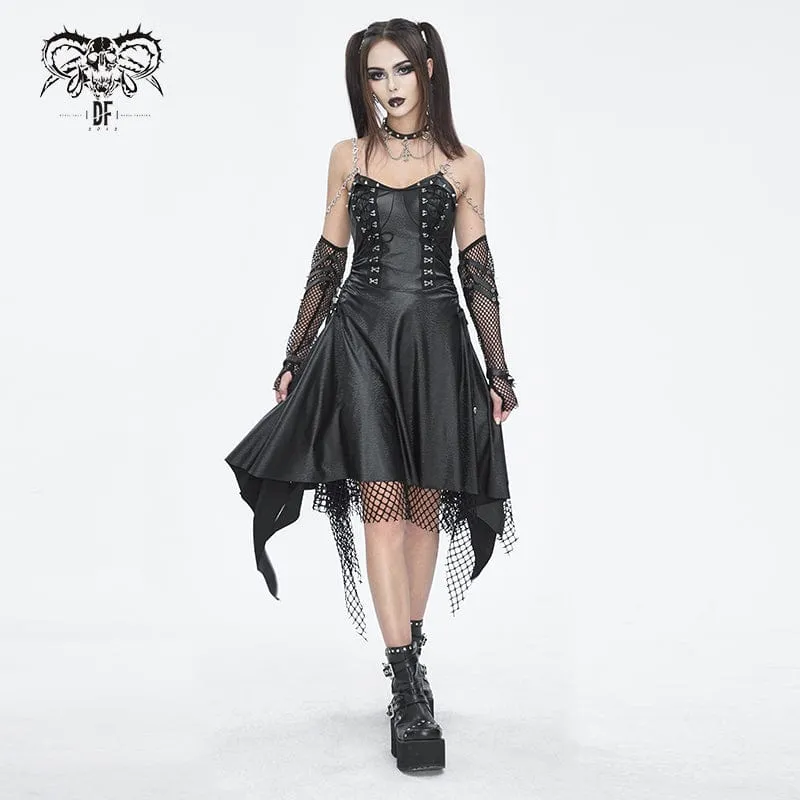 Gothic Mesh Stud Faux Läder Fållklänning för kvinnor