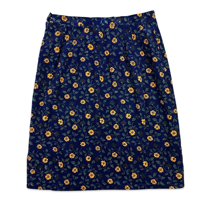 80s Vintage Blue Cord Floral Patterned Skirt 12
