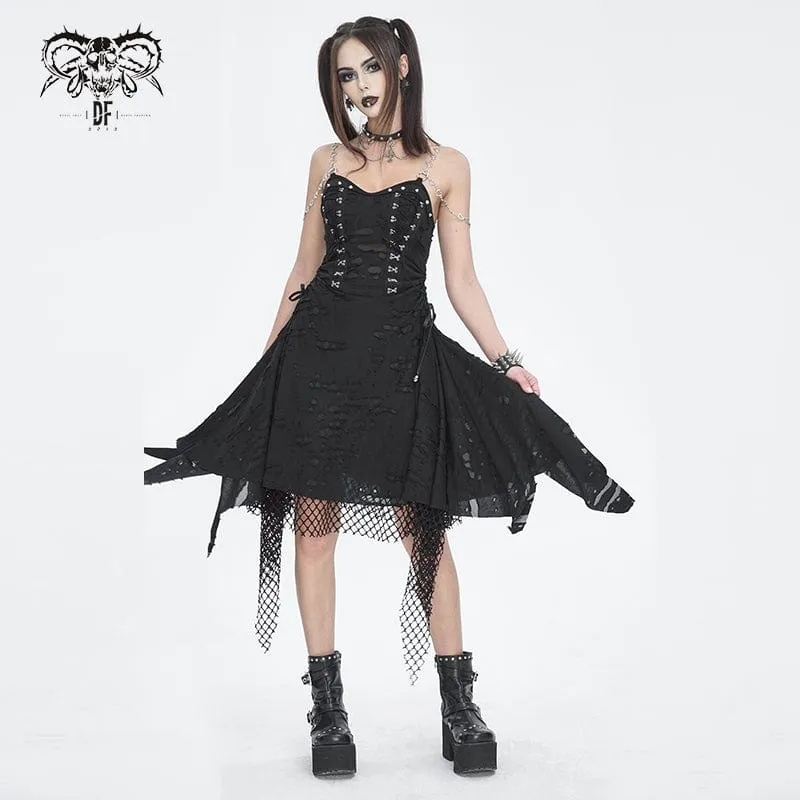 Gothic Mesh Stud Ripped Hem Slip Klänning för kvinnor