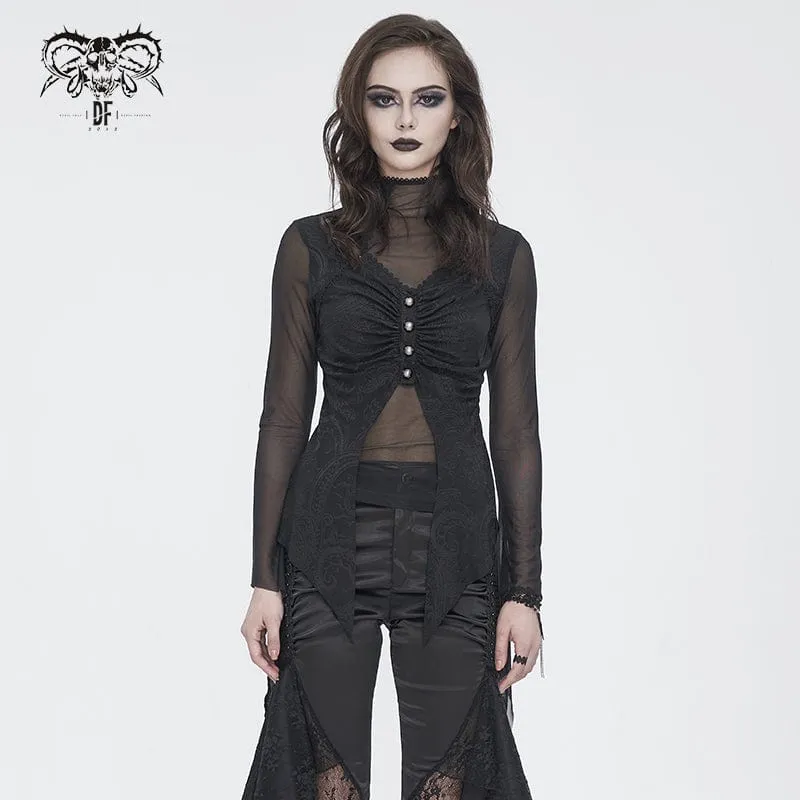 Gothic Jacquard Mesh Rufsig långärmad skjorta för kvinnor