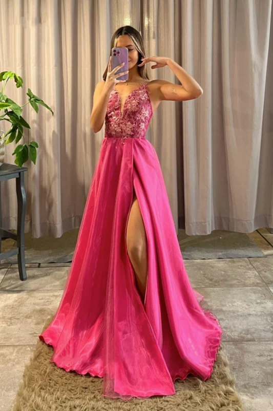 Elegant rosa V-ringad A-linjeformad balklänning med slits och fina spetsapplikationer