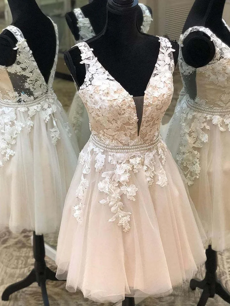 Elegant V-ringad ljus champagnefärgad blommig spets kort balklänning för homecoming