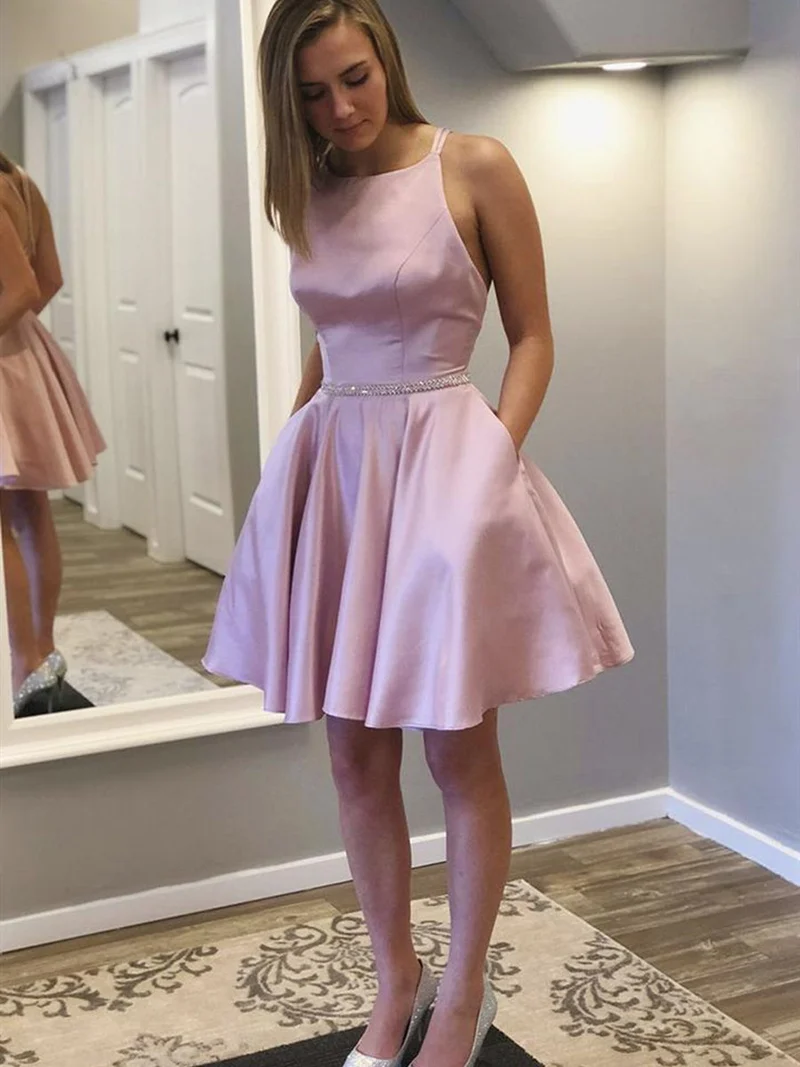Elegant rygglös rosa satin kort balklänning med fickor för examensfest