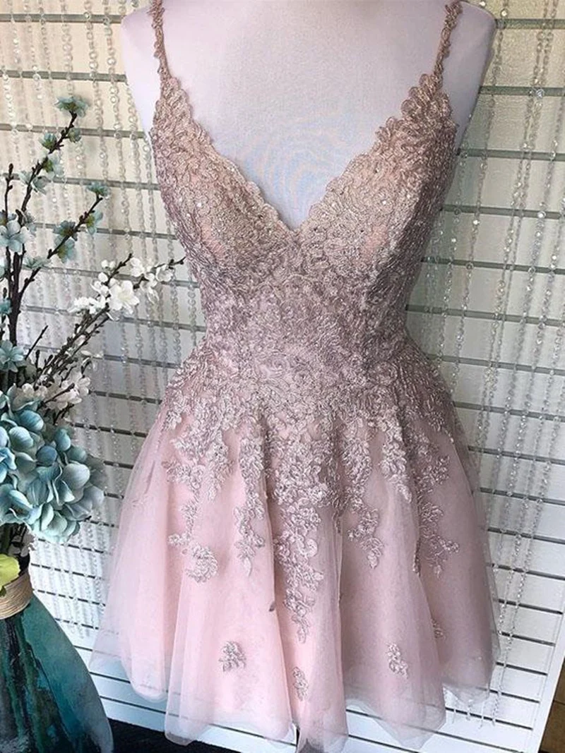 Elegant A-linjeformad V-ringad Rosa Spetsbalklänning: Rygglös, Formell, Examen, Homecoming