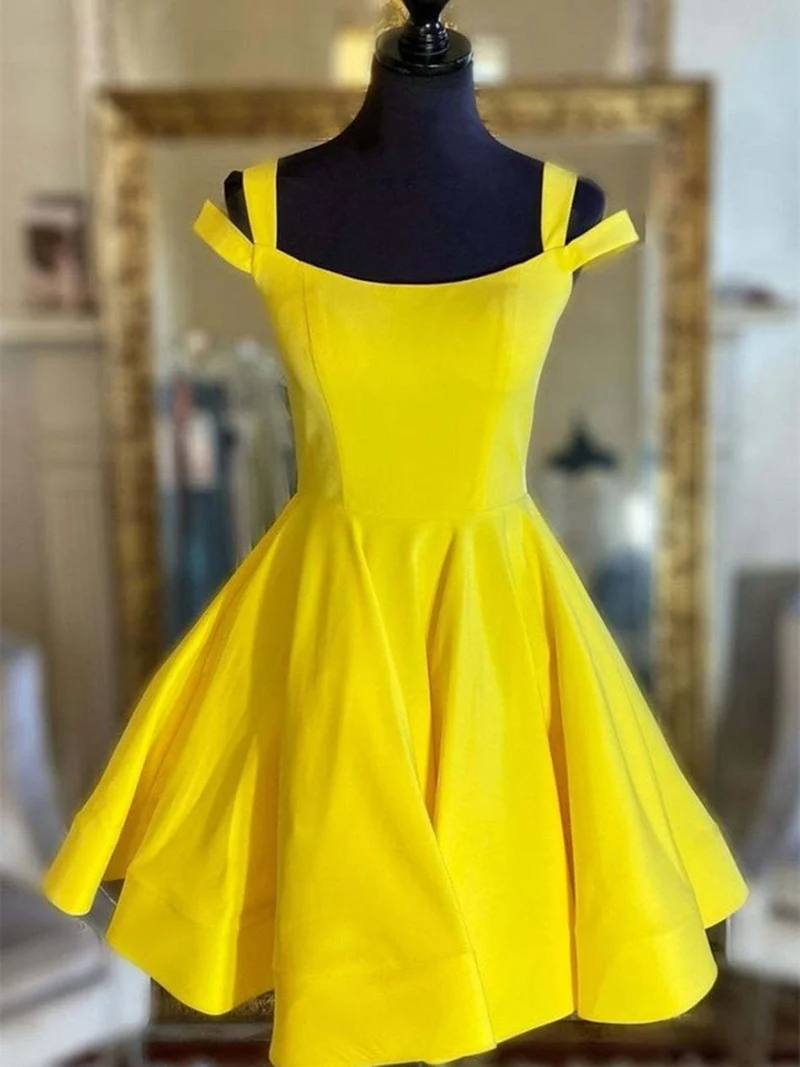 Fantastisk kort balklänning i gul satin med bara axlar, elegant aftonklänning för homecoming