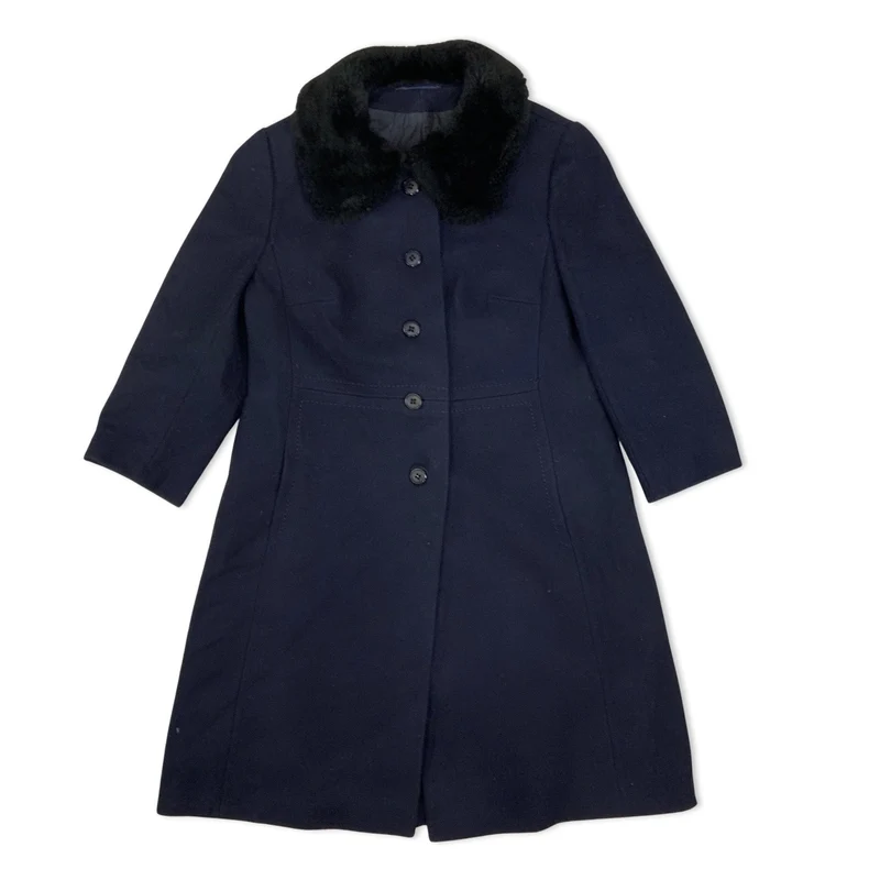 Vintage 70s Pret A Porter Navy Wool Long Coat Faux Fur Collar 12