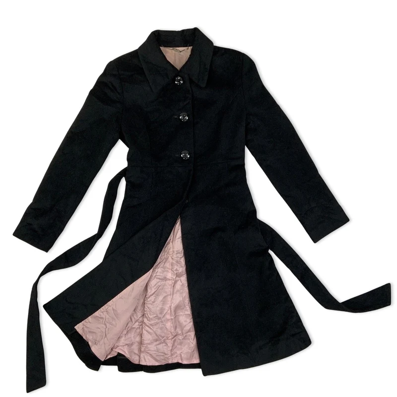 Vintage Womens 90s Black Wool Belted Fitted Coat 6