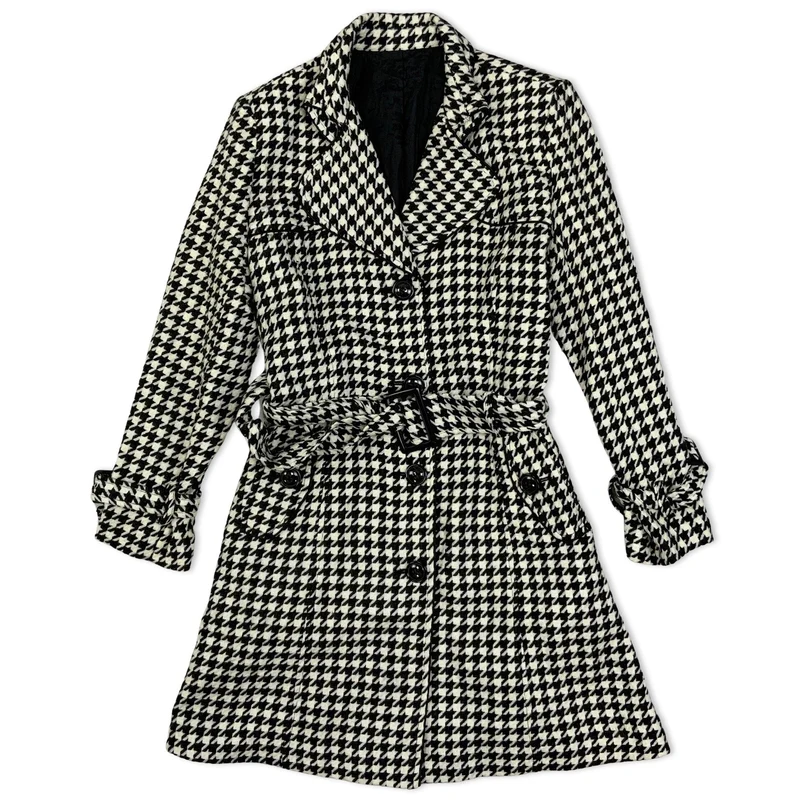 Vintage 90s Black and White Houndstooth check Belted Coat 8-10